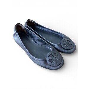 Tory Burch Reva Black Leather Ballet Flats Logo Medallion Size 9M